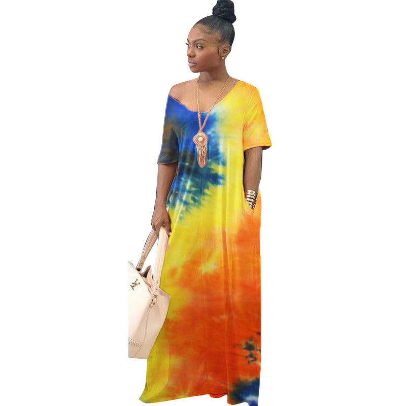 Women Casual Tie Dye Short Sleeves Loose Color Blocking Dress