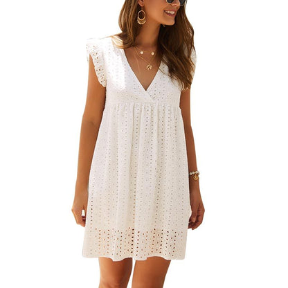 Vestido minivestido elegante para mujer, de color liso, con escote en V, encaje con volantes, sin mangas, corte A, informal, holgado, para playa y verano