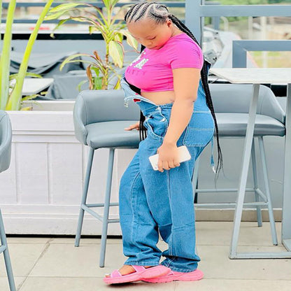 Women Fashion Casual Letter Embroidered Strap Denim Jumpsuit