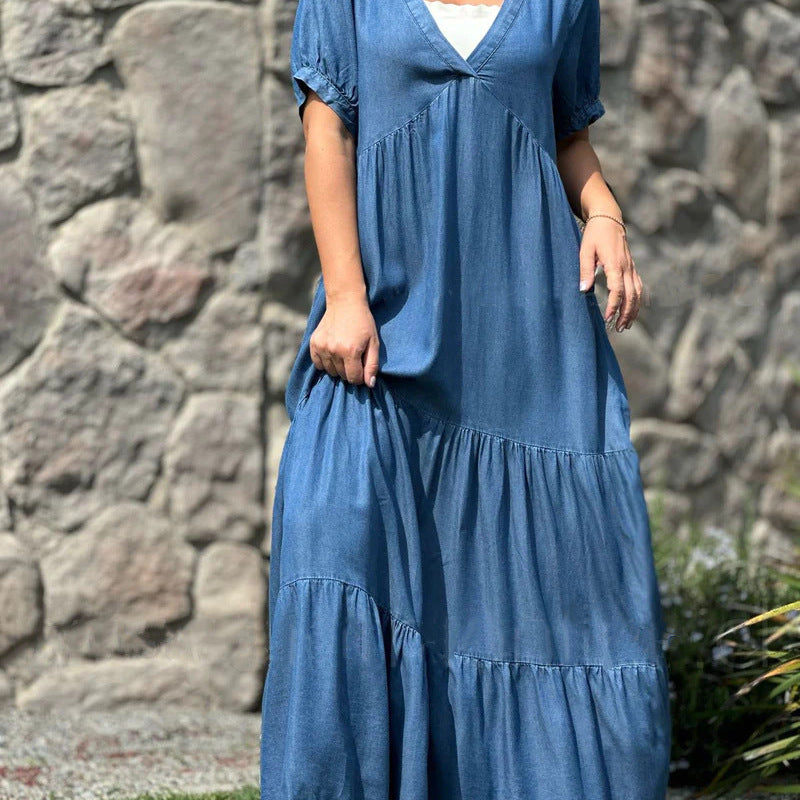 Women Casual Loose V-Neck Solid Color Denim Plus Size Dress