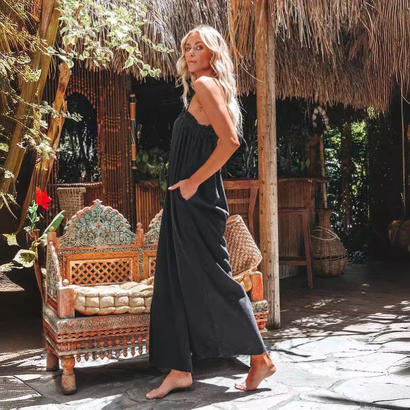 Women Casual Summer Vacation Solid Color Strap Wide Leg Loose Jumpsuits