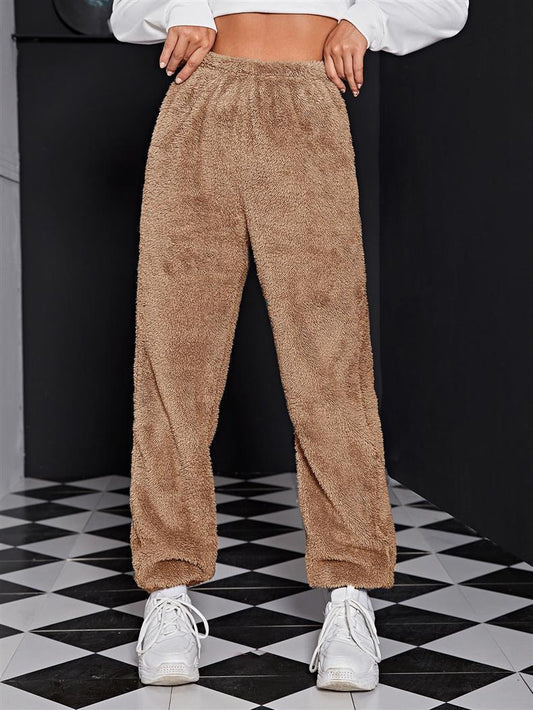 Pantalones casuales de felpa de color sólido para mujer de otoño e invierno