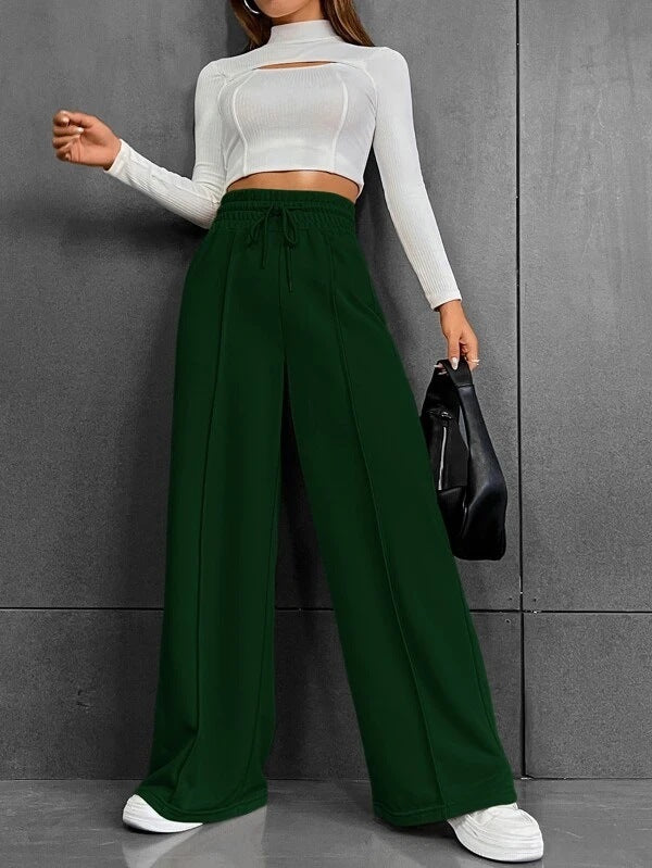 Women Fashion Casual Drawstring Elastic Waist Wide Leg Pants