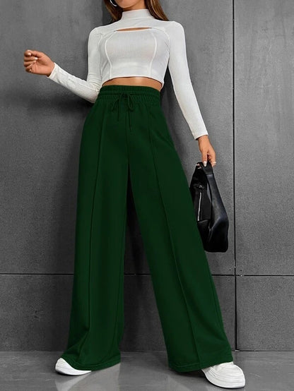 Women Fashion Casual Drawstring Elastic Waist Wide Leg Pants