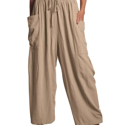 Pantalones anchos de cintura alta de lino y algodón para mujer