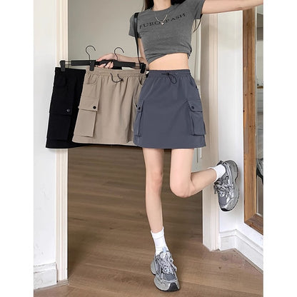 Summer Women Fashion Casual Solid Color High Waist Drawstring Skirt