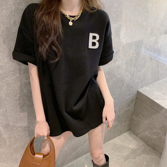Camiseta informal de manga corta con estampado de letras fluorescentes para mujer, talla grande