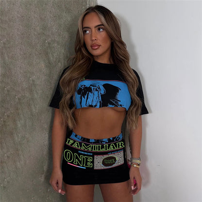 Fashion Women'S Round Neck Casual Letter Print Cropped T-Shirt High Waist Tight Skirt Set