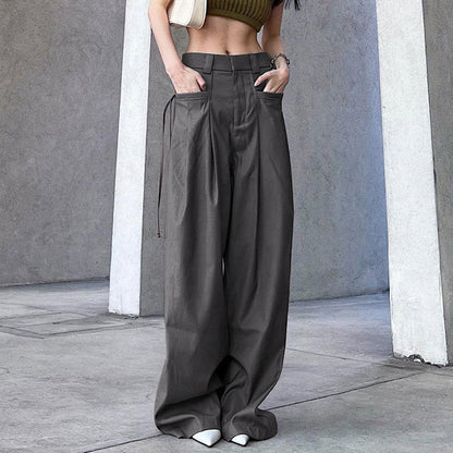 Women Solid Color Low Rise Pocket Loose Fashion Casual Pants