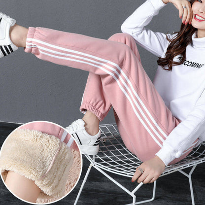 Women Casual Winter Fleece-Lined Sports Striped Pants