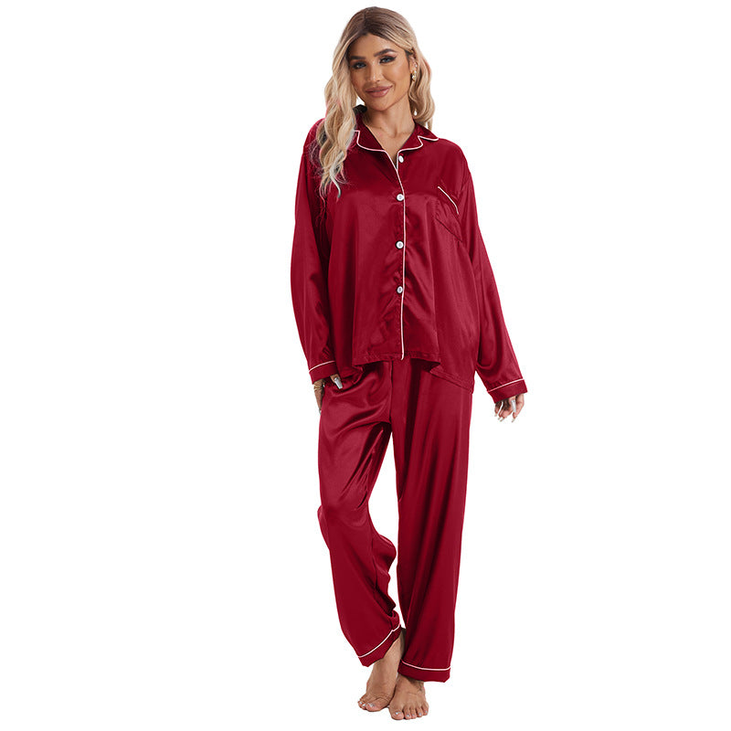 Conjunto de pijama de manga larga de seda helada con solapa informal y sencillo para mujer