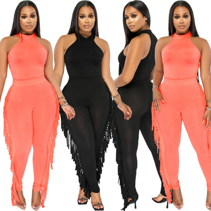 Women Tight Vest And Tassel Pants Two Pieces Casual Suit