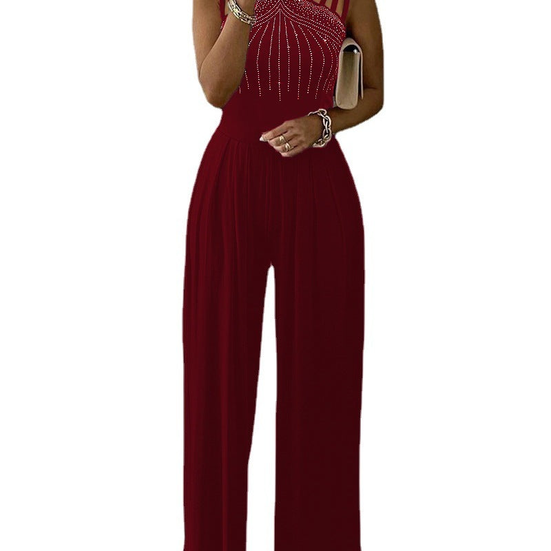 Women Casual Trousers Summer Slim Solid Color Rhinestones Decorative Jumpsuit