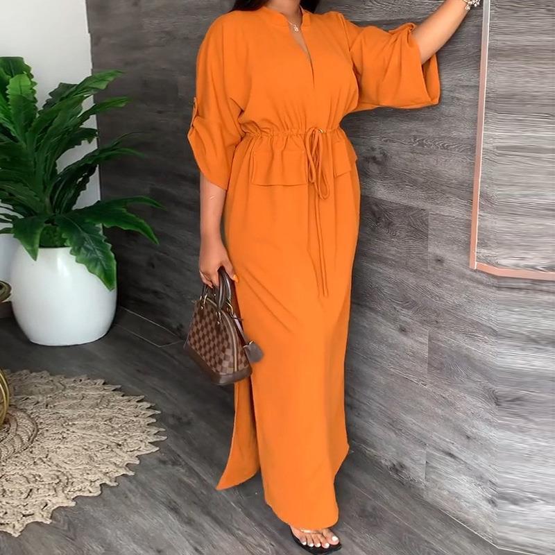 Women Solid Color Long Sleeve Stand Collar Waist Slit Loose Casual Long Dress