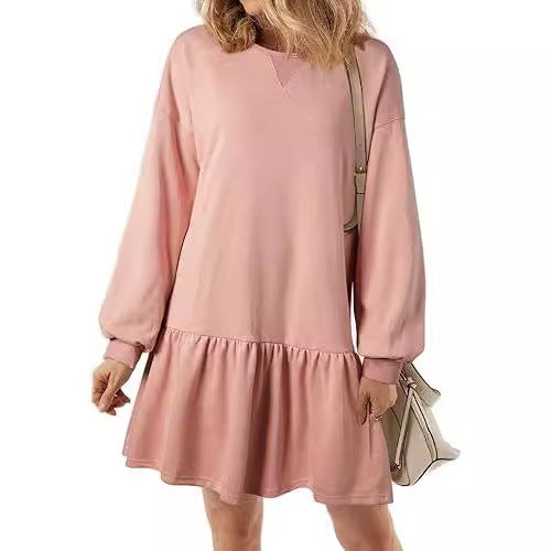 Women Casual Solid Color Round Neck Long Sleeve Dress