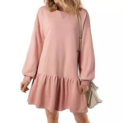 Women Casual Solid Color Round Neck Long Sleeve Dress
