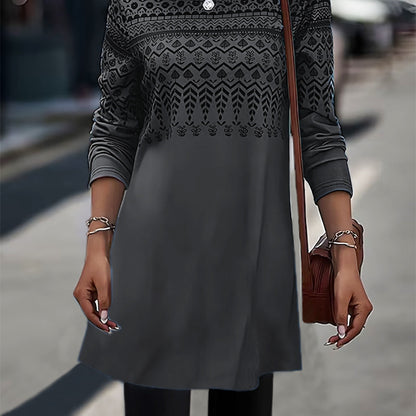 Women Fashion Casual Geometric Print Round Neck Long Sleeve Dress