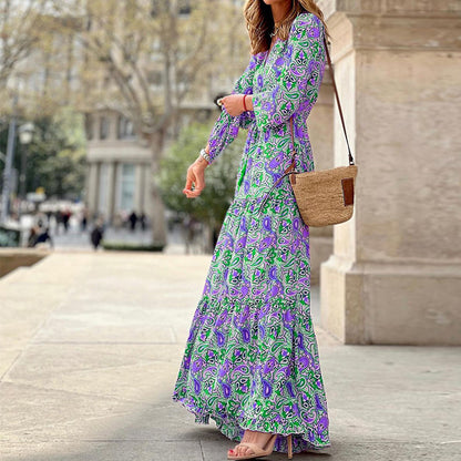 Vestido largo de manga larga con estampado bohemio informal de moda de verano para mujer