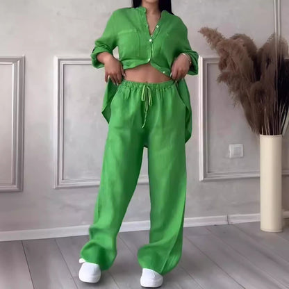 Conjunto de dos piezas para mujer: camisa de manga larga con botonadura sencilla y pantalones con cordones