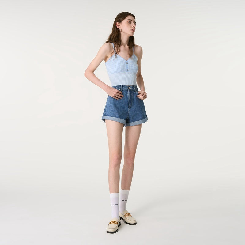 Women Fashion Casual Loose Denim Roll-Up Shorts