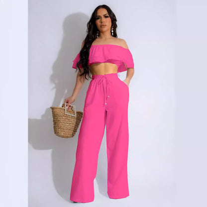 Women Fashion Casual Ruffled Off Shoulder Crop Top Drawstring Pants Two-Piece Set