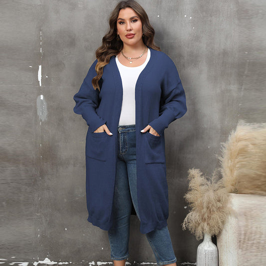 Casual Women Plus Size Winter Autumn Solid Color Pocket Knitted Sweater Cardigan Coat