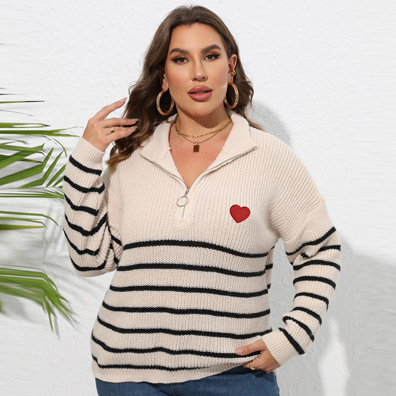 Suéter de punto informal para mujer, talla grande, invierno, otoño, a rayas, media cremallera y solapa