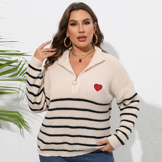 Suéter de punto informal para mujer, talla grande, invierno, otoño, a rayas, media cremallera y solapa