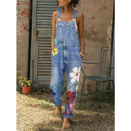 Women Fashion Casual Floral Printed Pocket Denim Overalls