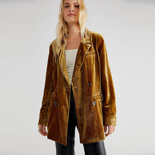 Chaqueta de traje de terciopelo dorado de color liso informal a la moda para mujer