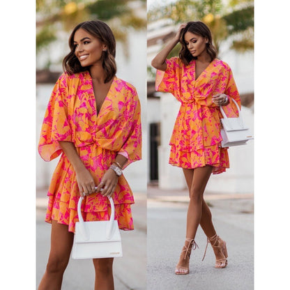 Women Fashion Casual Floral Printing Defined Waist Ruffled Wrap Dresses