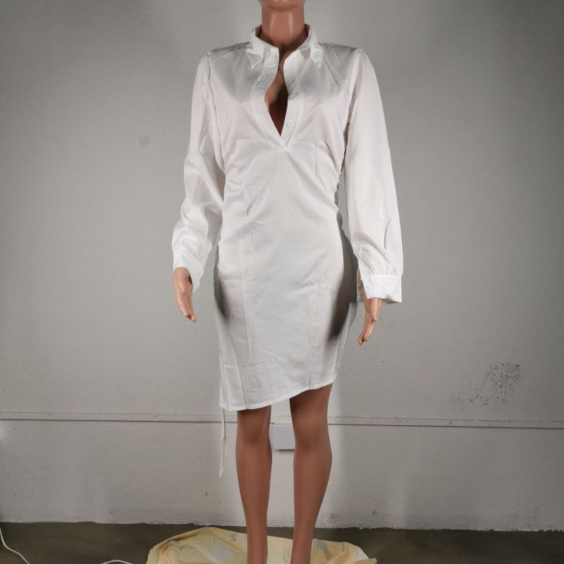 Women Fashion Casual Long Sleeve Solid Color Drawstring Hem Shirt Dress