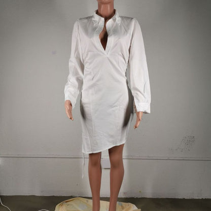 Women Fashion Casual Long Sleeve Solid Color Drawstring Hem Shirt Dress