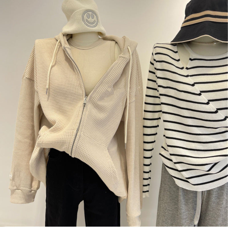 Chaqueta tipo cárdigan con cremallera y sudadera estilo waffle informal a la moda para mujer
