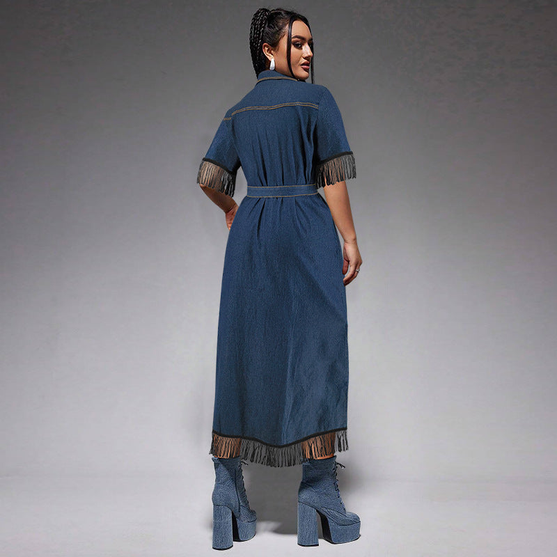 Vestido informal de moda para mujer con solapa, manga corta, borlas, botones y cinturón