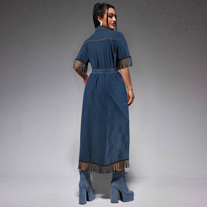 Vestido informal de moda para mujer con solapa, manga corta, borlas, botones y cinturón