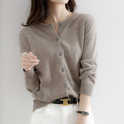 Women'S Elegant Office Chic Solid Color Rib-Knit Round Neck Long Sleeve Casual Knitted Sweater Coats