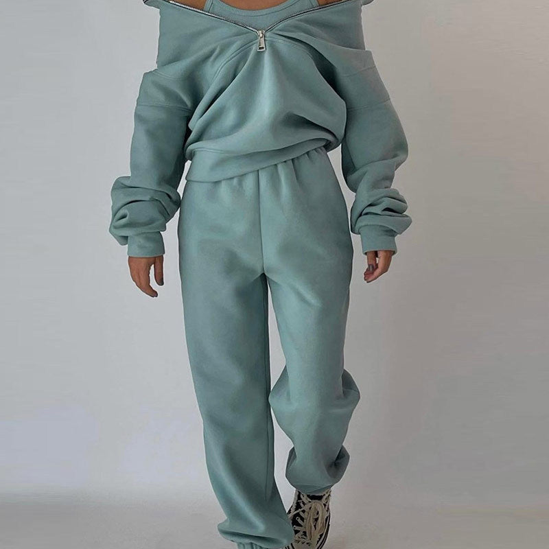 Women Winter Sports Casual Oversized Half Zipper Solid Color Long Sleeves Top And Sweatpants Set
