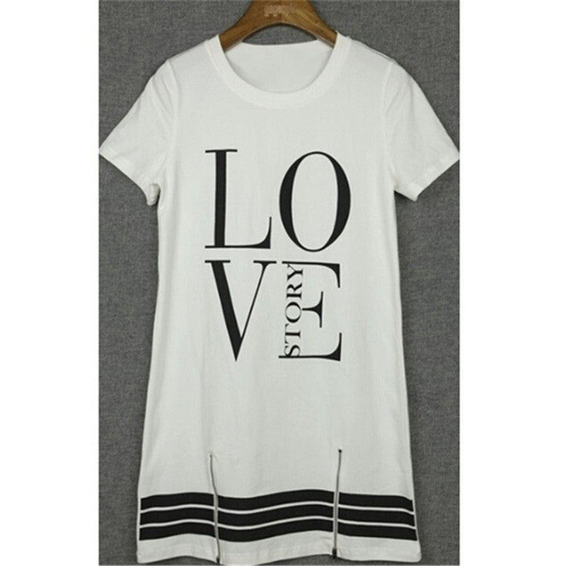 Women Casual Letter Print Fashion Round Neck Short Sleeves Zipper Loose Dress