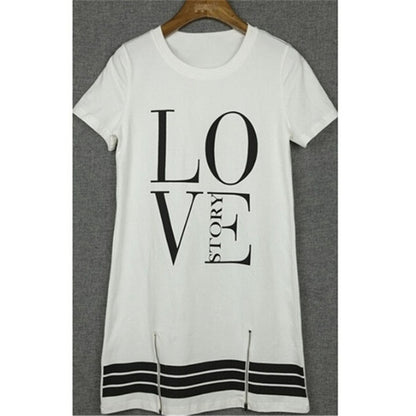 Women Casual Letter Print Fashion Round Neck Short Sleeves Zipper Loose Dress