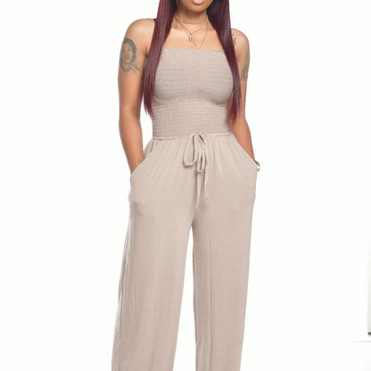 Women Casual Flat Shoulder Wrap Chest Wide Leg Jumpsuit