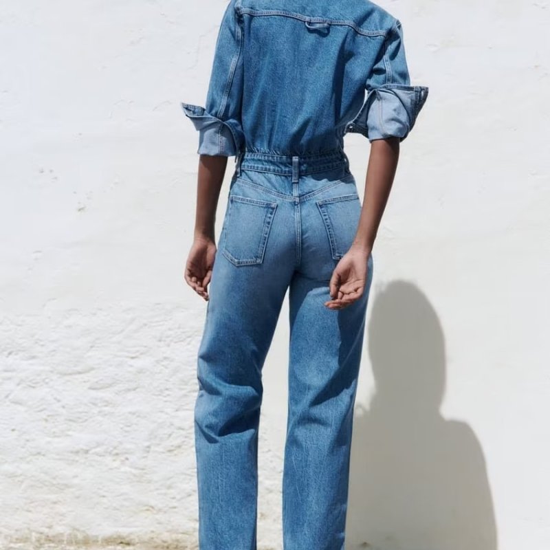 Women Fashion Casual Lapel Long Sleeve Straight Denim Jumpsuit