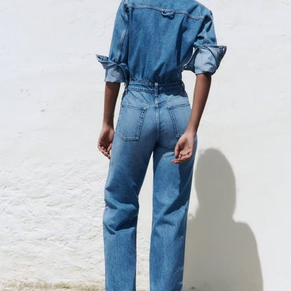 Women Fashion Casual Lapel Long Sleeve Straight Denim Jumpsuit