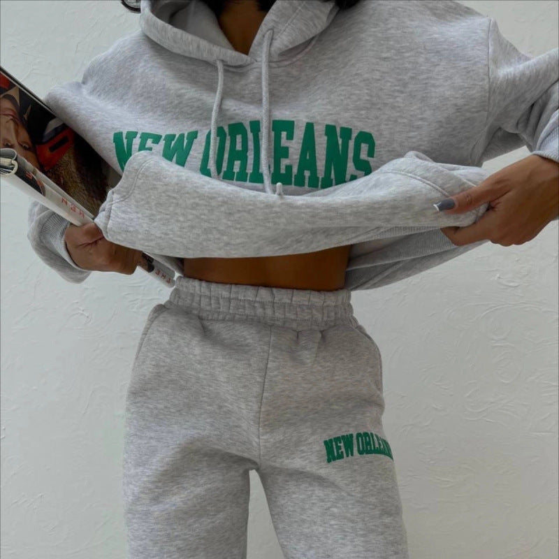 Conjunto deportivo informal de moda para mujer, con capucha y pantalones de chándal, estampado de letras y nombre de ciudad y bolsillo