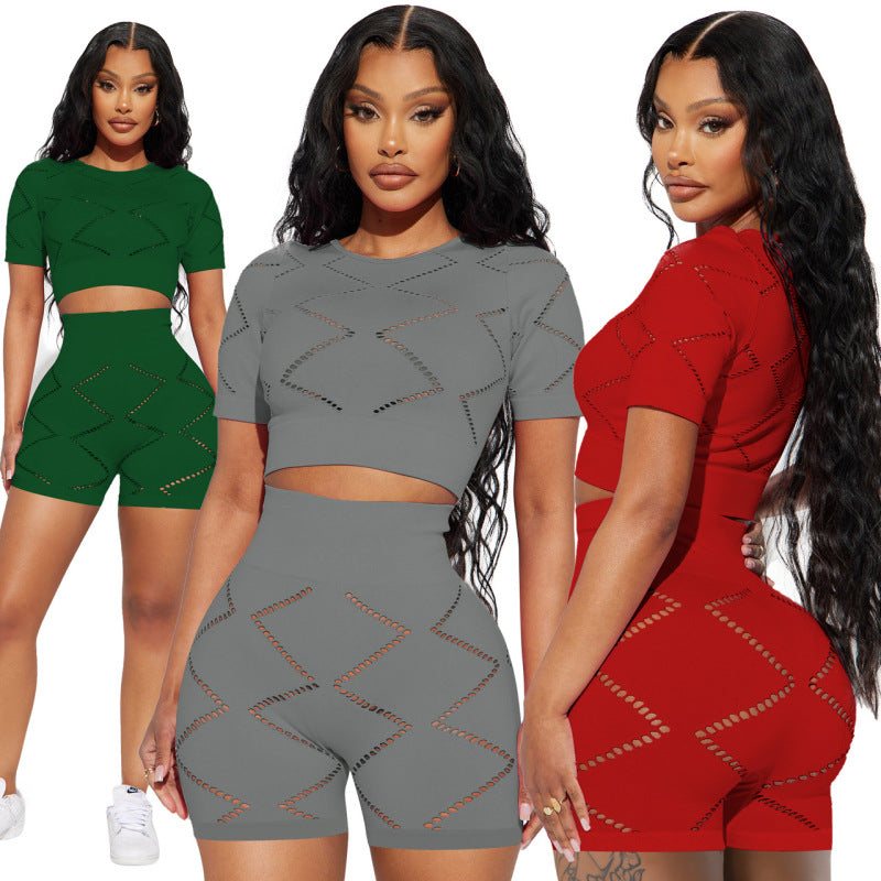 Conjunto de dos piezas de top corto y pantalones cortos de manga corta con aberturas de color liso informal para mujer