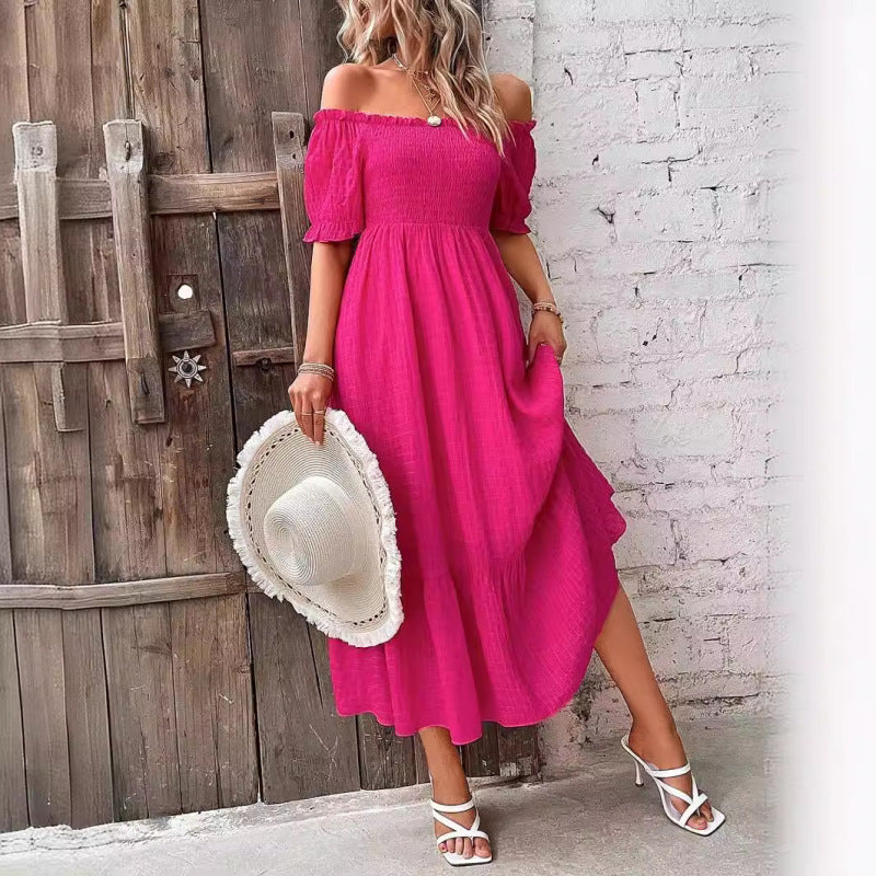 Vacation Women Casual Solid Color Off-Shoulder Maxi Dress