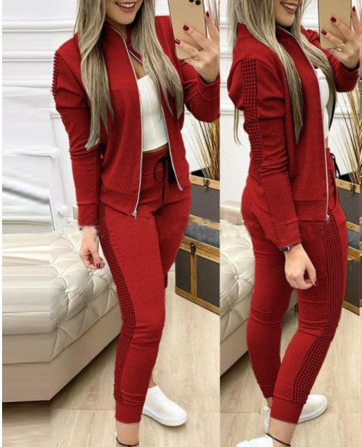 Women Long-Sleeved Top And Pants Leisure Stitching Plaid Casual Suit