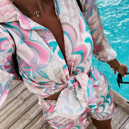 Conjunto informal de dos piezas con estampado multicolor para mujer, estilo vacaciones de verano