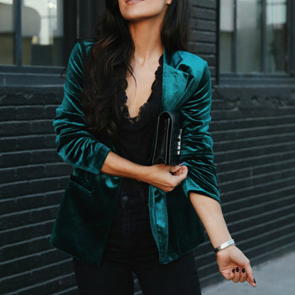 Autumn Women Fashion Casual Slim Long Sleeve Gold Velvet Suit Jacket Blazers