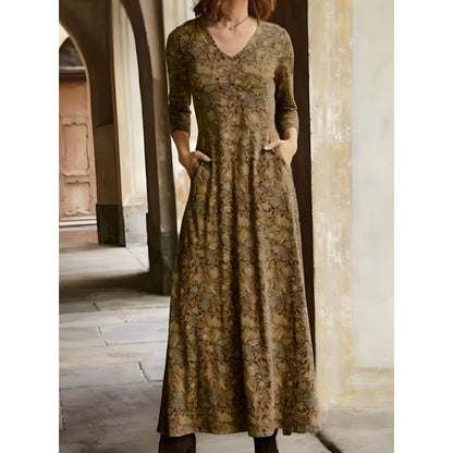 Women Fashion Casual Printed V-Neck Pocket Long Sleeve Maxi Dress